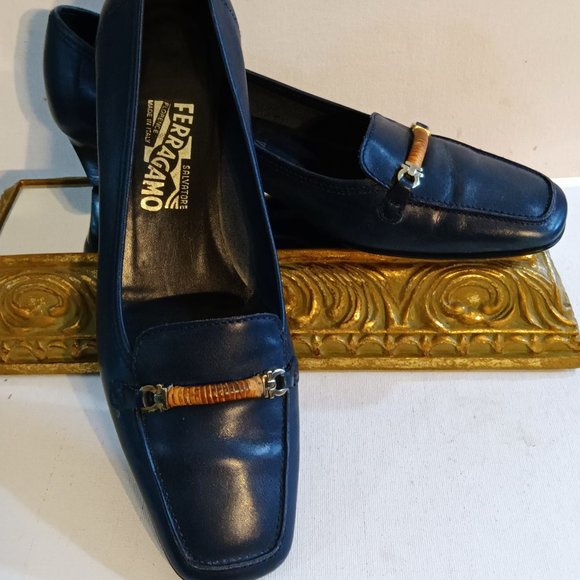 Salvatore Ferragamo Shoes - Salvatore Ferragamo Navy Low Heel Loafers with Rattan Bamboo Bit Accent 9.5 B